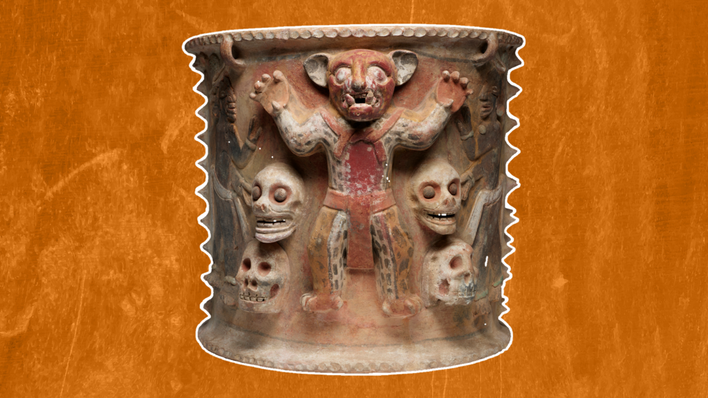 1,400-Year-Old Mayan Burial Jar Depicting a Ruler’s Journey to the Underworld with a Jaguar and Skull